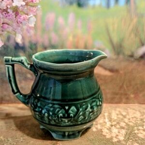 Mccoy Green Ceramic Art Pitcher with Ornate Relief